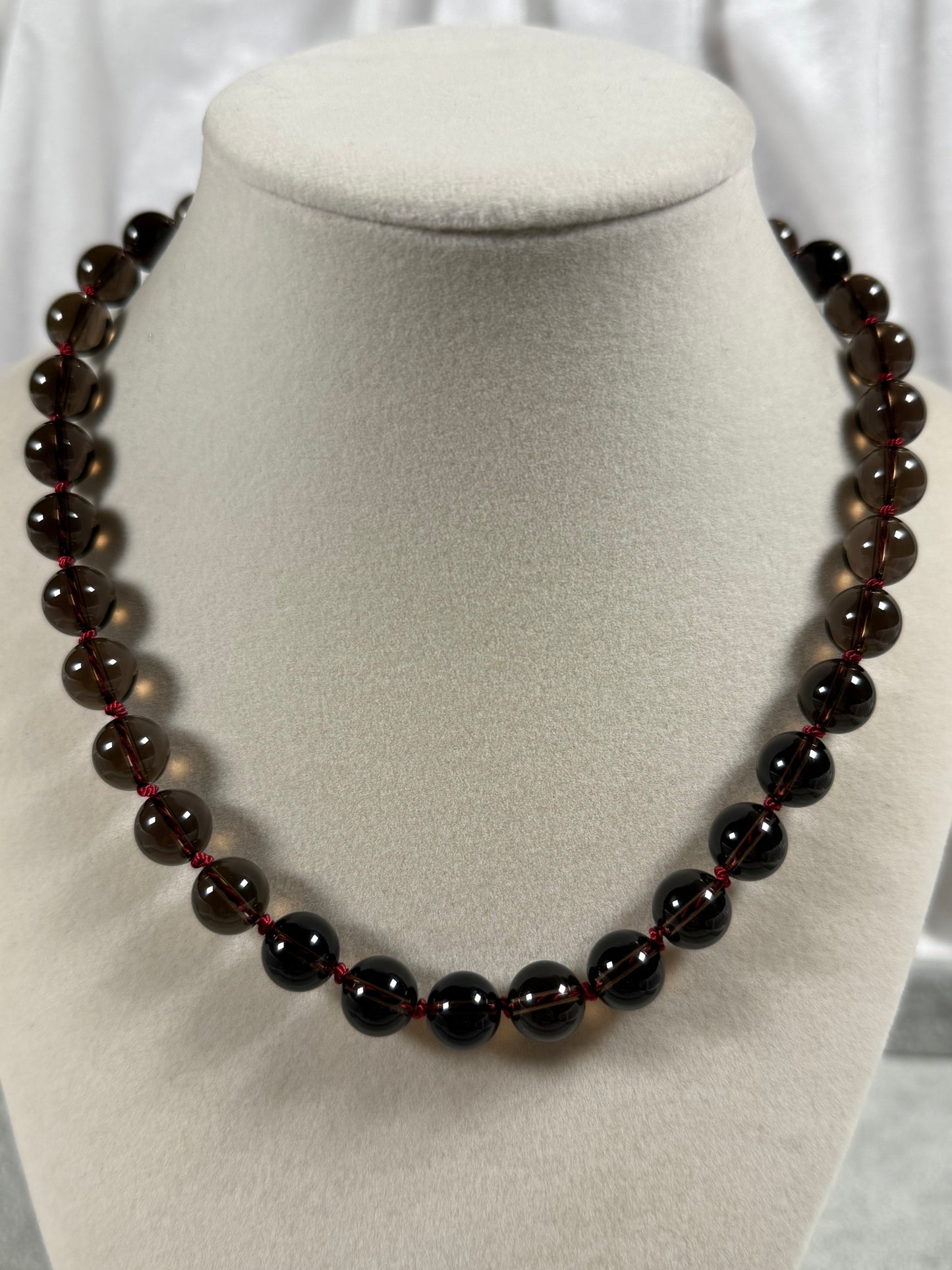 #140-Silk Knotted Smokey Quartz with SS Clasp