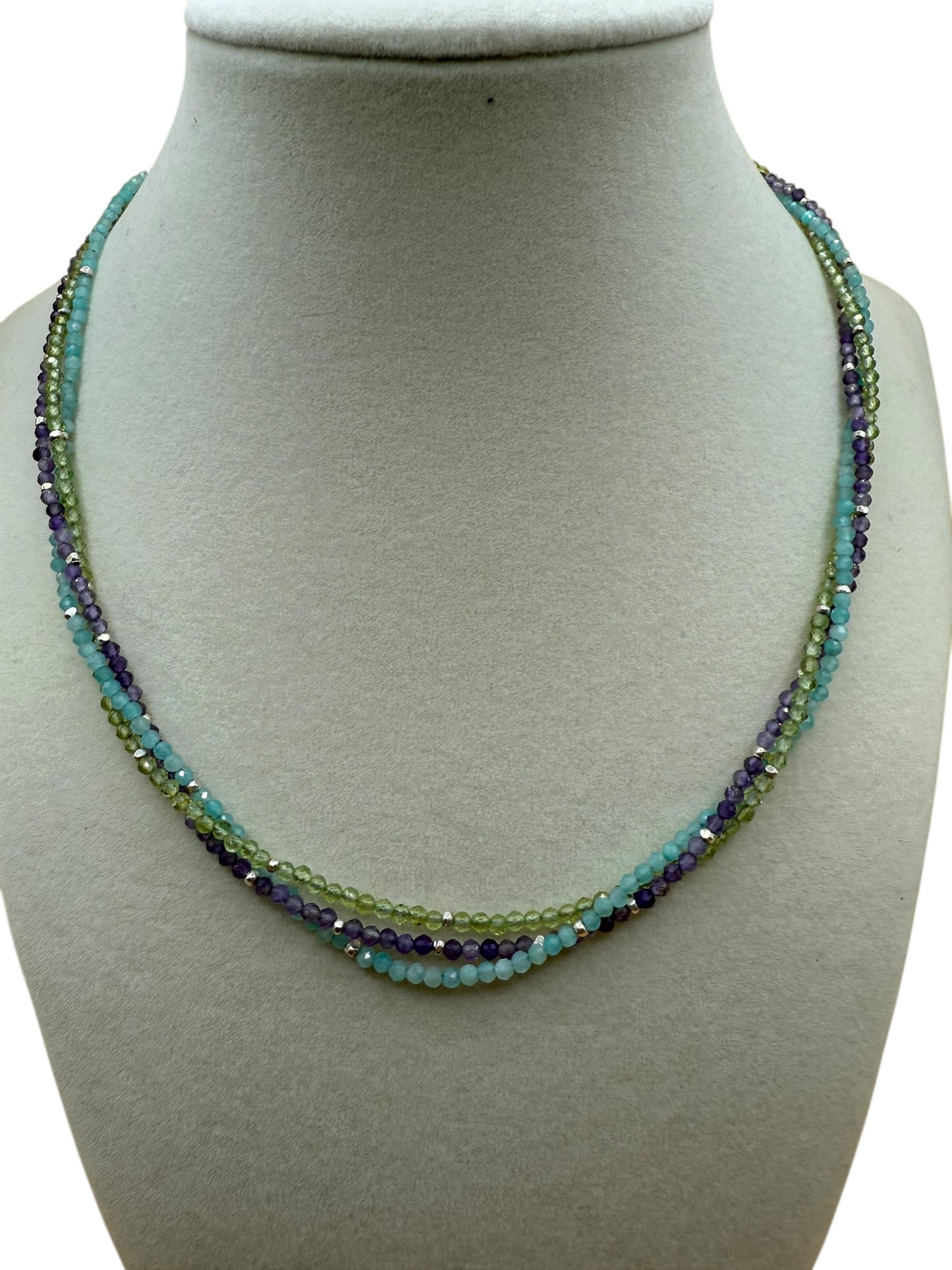 #127-Amethyst, Peridot & Amazonite w/Fine Silver Dainty Necklace