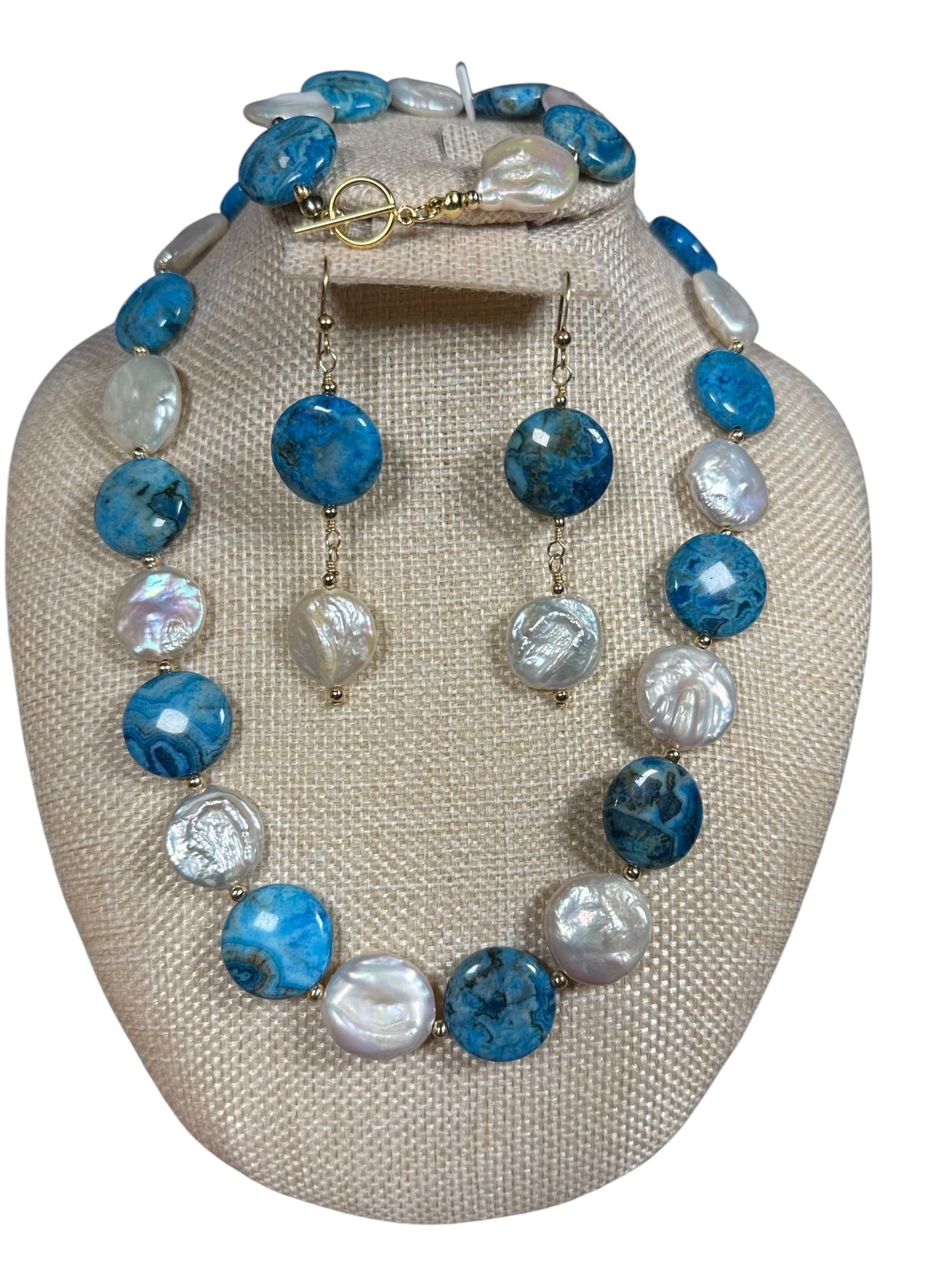 #150c-Crazy Lady Agate & Coin Pearl Bracelet GF