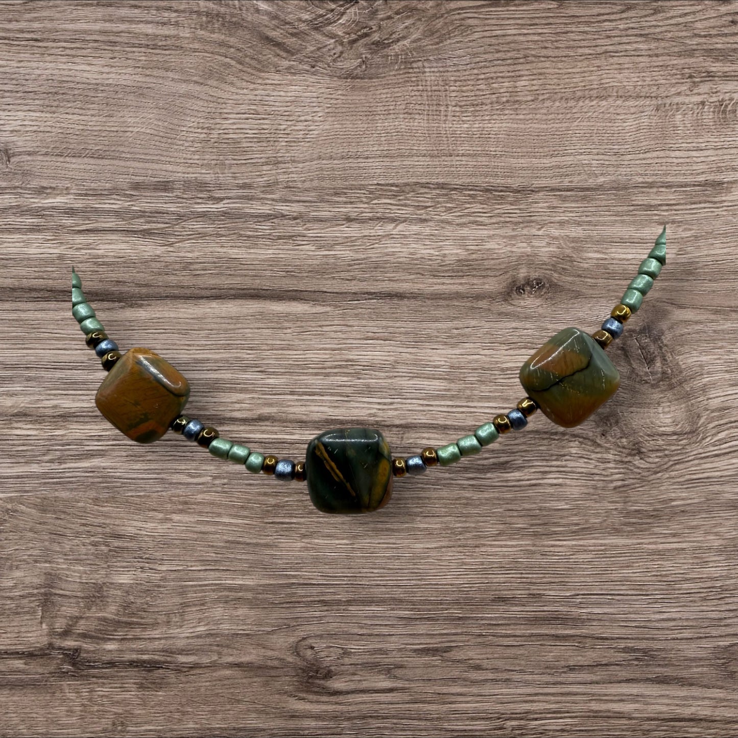 #225-Jasper, Seed Beads, SP Clasp