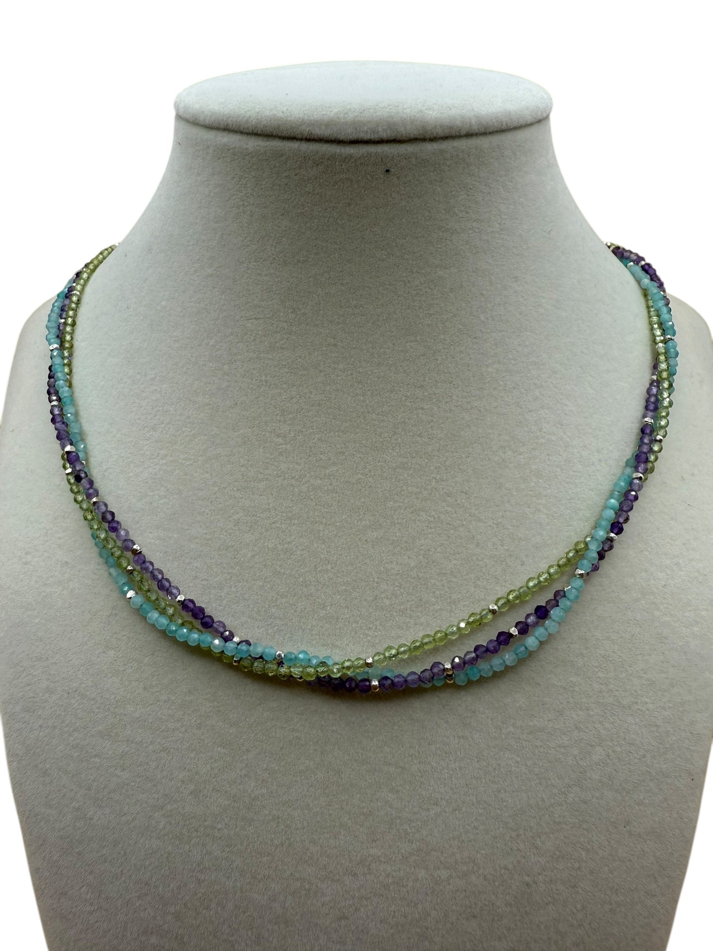 #127-Amethyst, Peridot & Amazonite w/Fine Silver Dainty Necklace