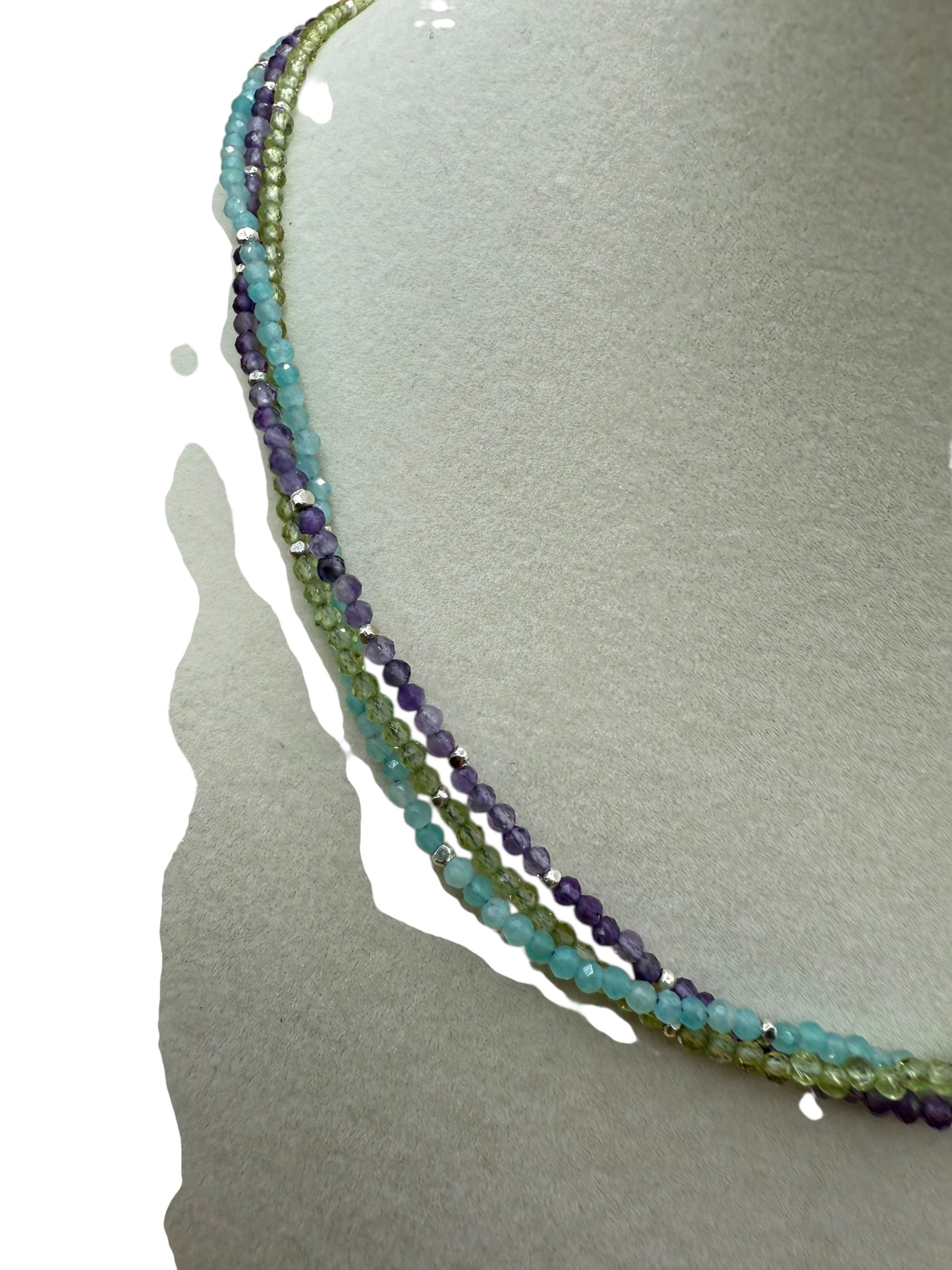#127-Amethyst, Peridot & Amazonite w/Fine Silver Dainty Necklace