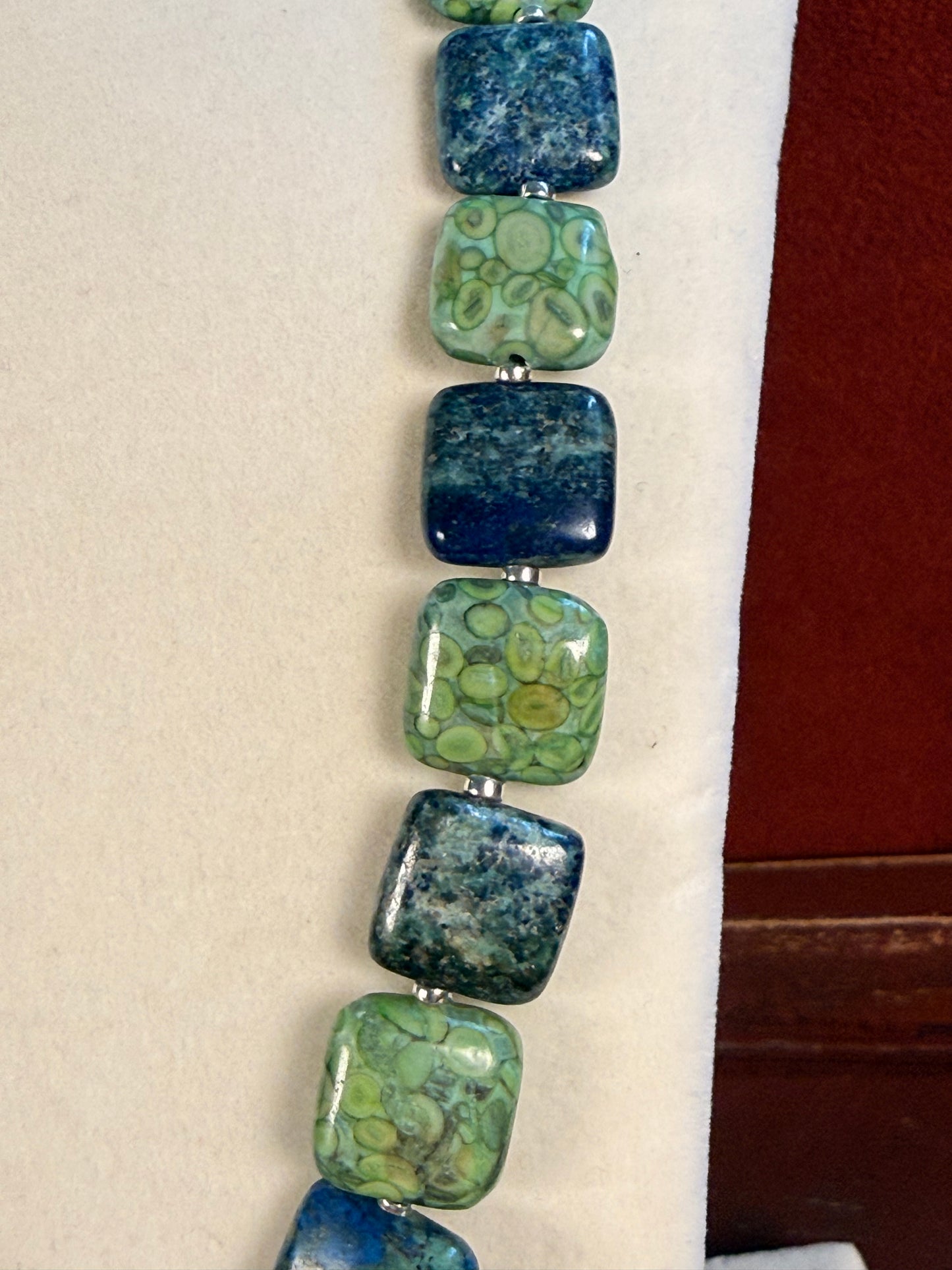 #163-Chrysocolla, Fossil Stone, Miyuki Silver Beads with SS Infinity Clasp
