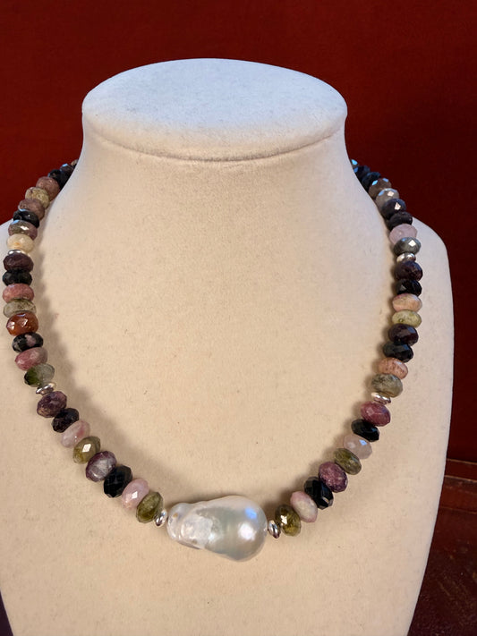 #169-Tourmaline with Baroque Accent Pearl & SS Findings