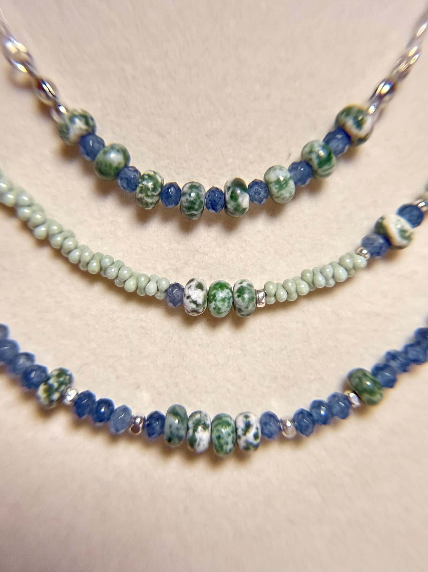 #135-Moss Agate, Dyed Jade, SS Clasp, Findings & extender Chain