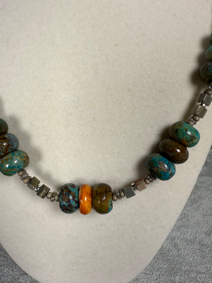 #143-Turquoise & Spiny Oyster Necklace with Jasper & SS Clasp & Findings