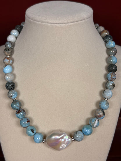 #177-Larimar with Baroque Pearl