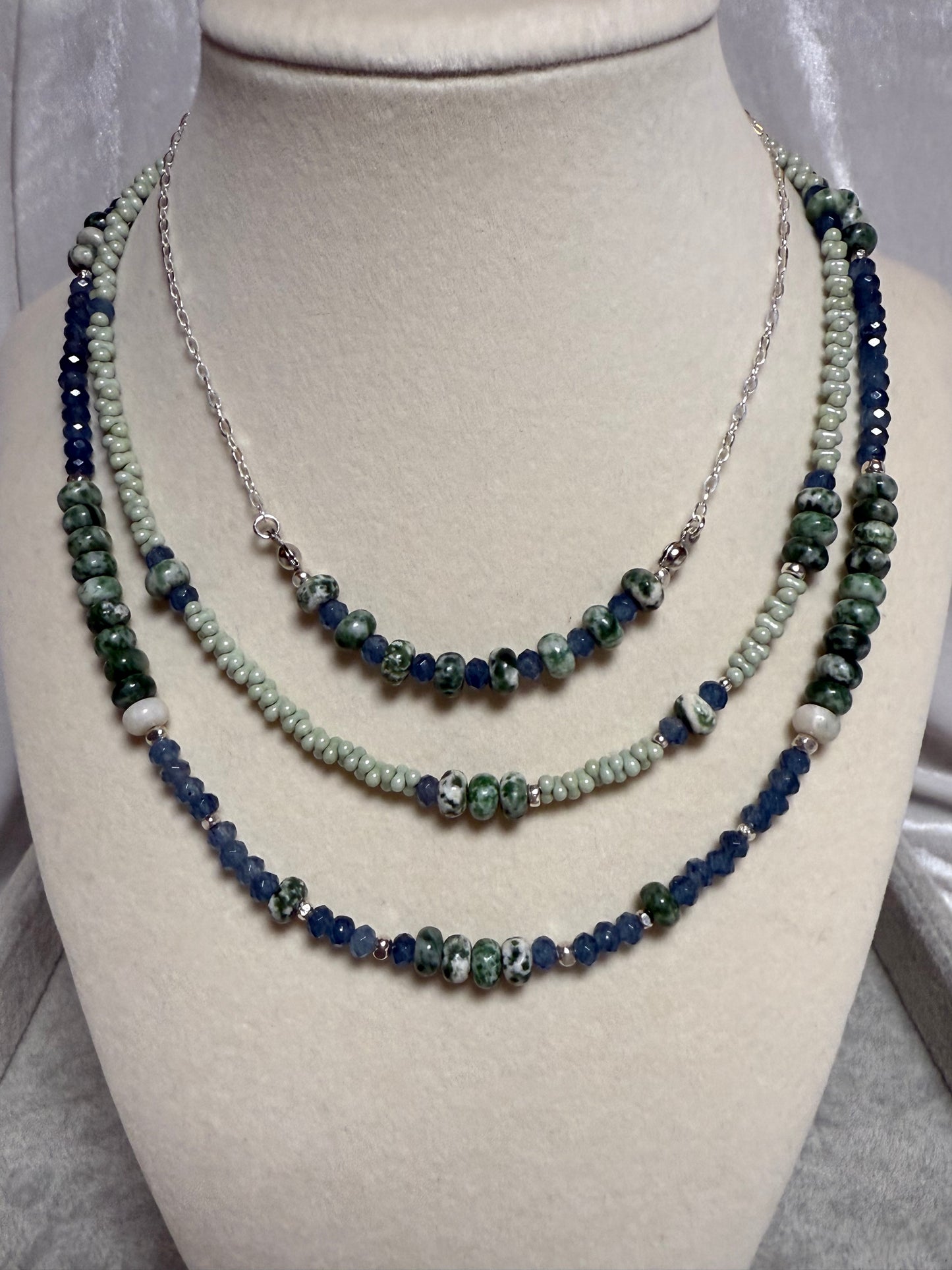 #136--Moss Agate, Dyed Jade, SS Clasp & Findings on a Sterling Silver Chain