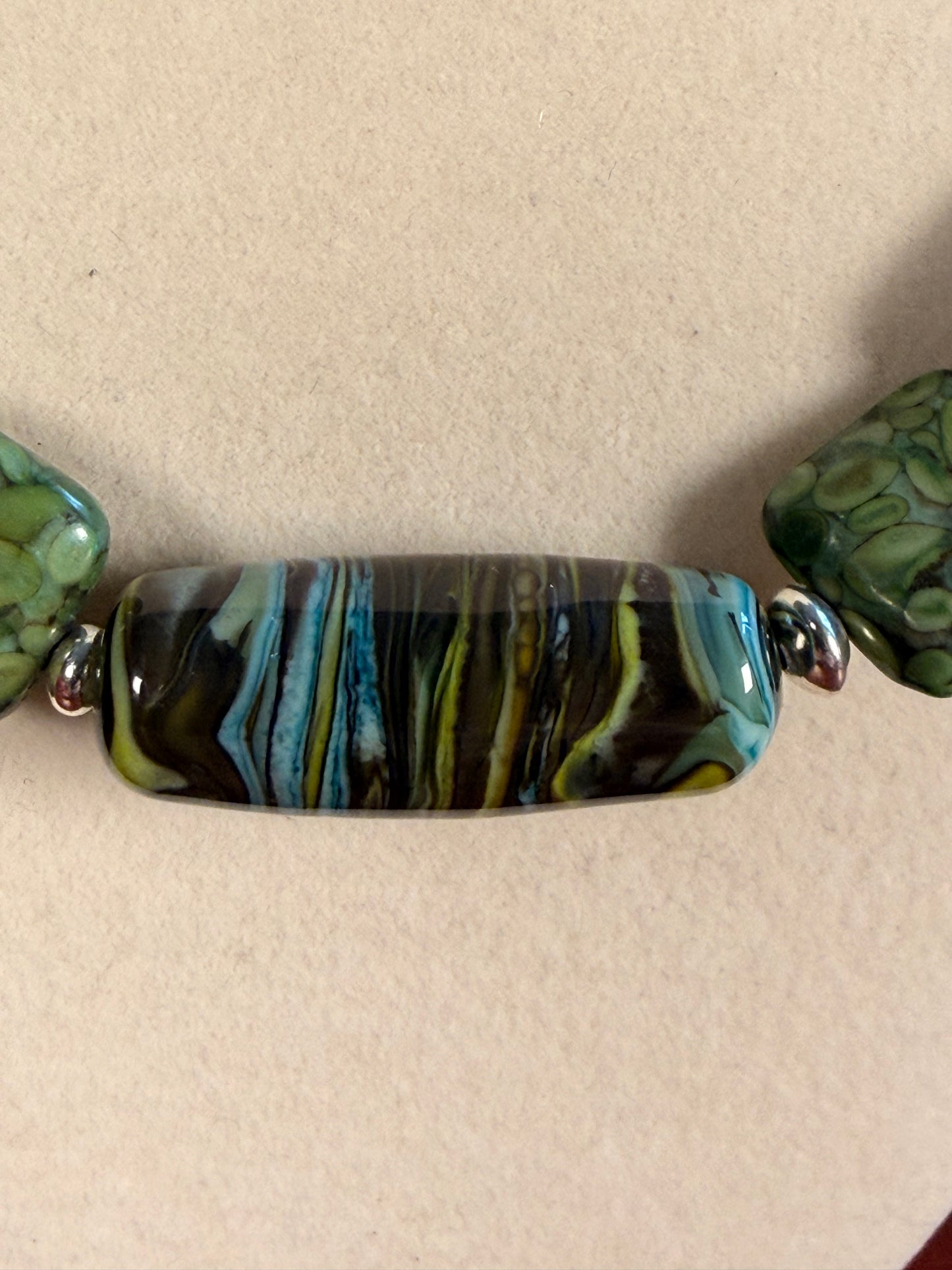 #163-Chrysocolla, Fossil Stone, Miyuki Silver Beads with SS Infinity Clasp