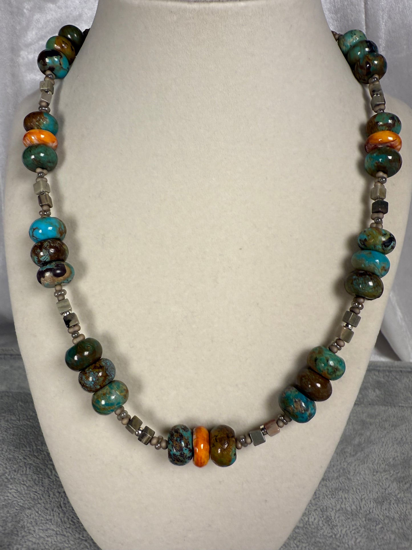 #143-Turquoise & Spiny Oyster Necklace with Jasper & SS Clasp & Findings