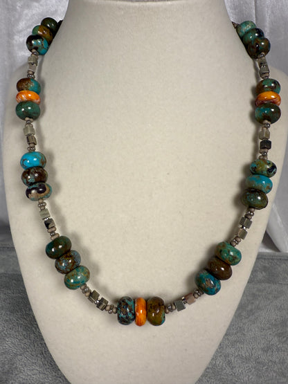 #143-Turquoise & Spiny Oyster Necklace with Jasper & SS Clasp & Findings