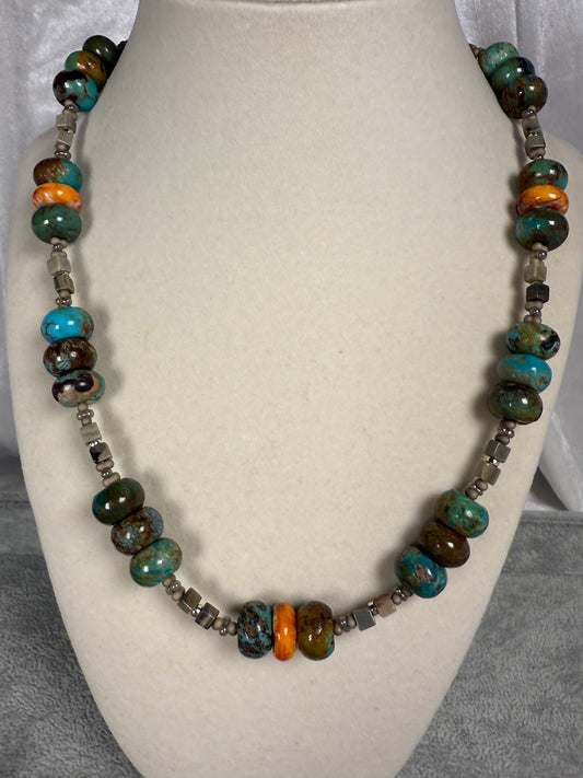 #143-Turquoise & Spiny Oyster Necklace with Jasper & SS Clasp & Findings