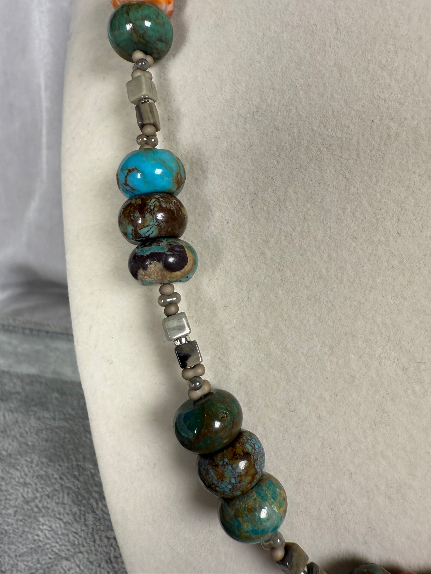 #143-Turquoise & Spiny Oyster Necklace with Jasper & SS Clasp & Findings