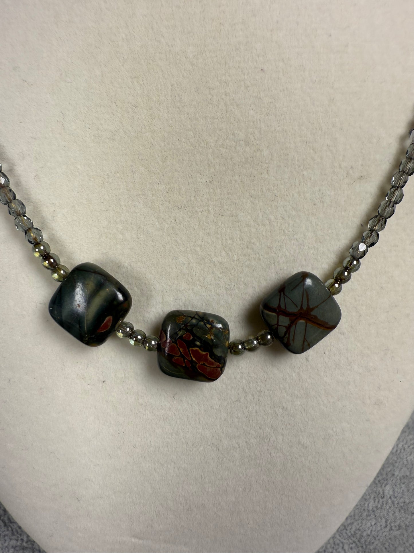 #146-Jasper, Australian Crystal, and Hessonite Garnet Necklace with SS Findings