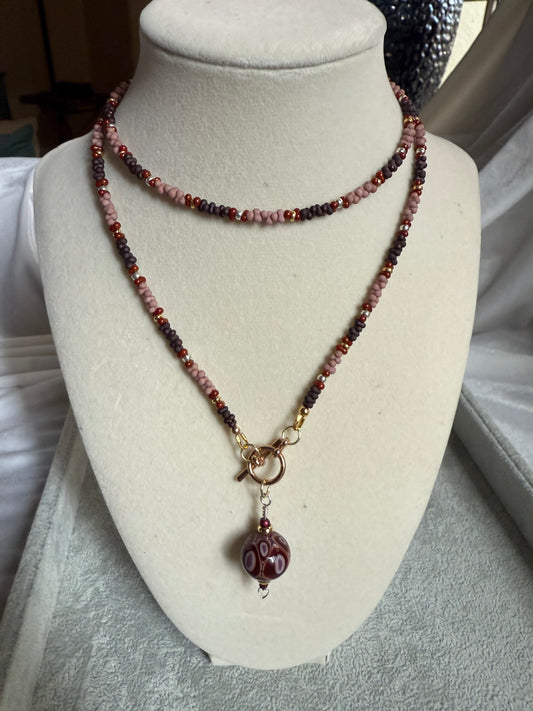 #237-Japanese Seed Bead Necklace with Lampwork Focal Bead-Mixed Metals