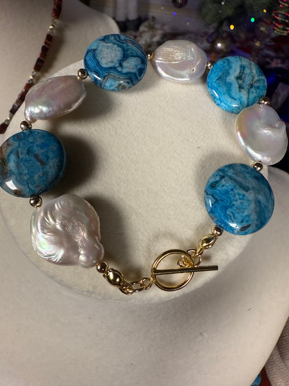 #150c-Crazy Lady Agate & Coin Pearl Bracelet GF