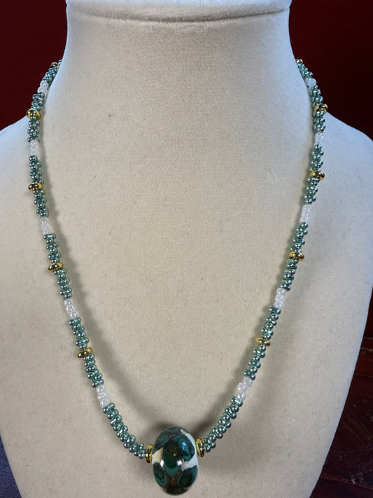 #240-Japanese Seed Bead Necklace with Lampwork Focal Bead