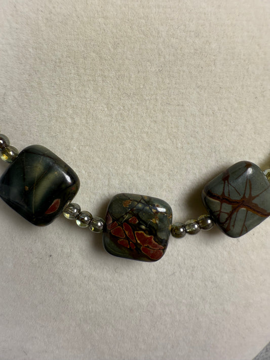 #146-Jasper, Australian Crystal, and Hessonite Garnet Necklace with SS Findings