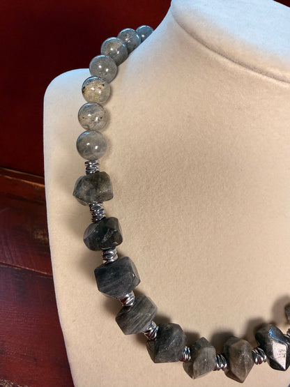 #161-Labradorite with Hematite Wavy Spacer Beads & SS Clasp