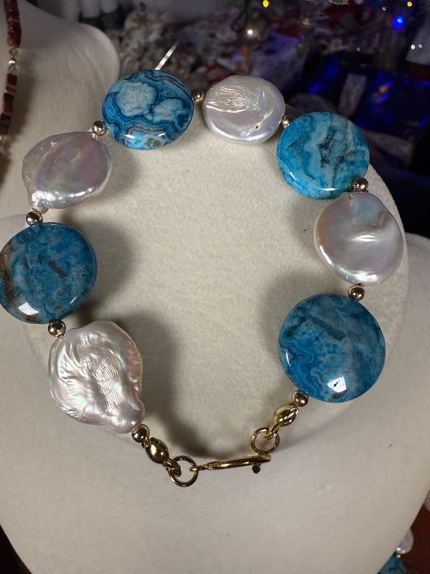 #150c-Crazy Lady Agate & Coin Pearl Bracelet GF