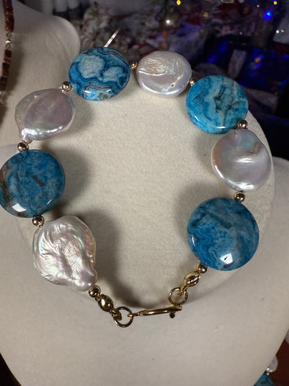 #150c-Crazy Lady Agate & Coin Pearl Bracelet GF