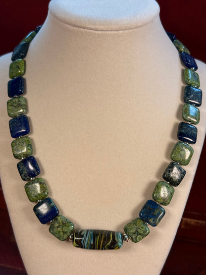 #163-Chrysocolla, Fossil Stone, Miyuki Silver Beads with SS Infinity Clasp