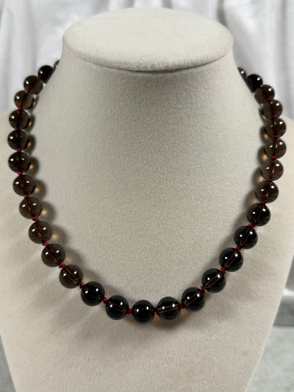 #140-Silk Knotted Smokey Quartz with SS Clasp