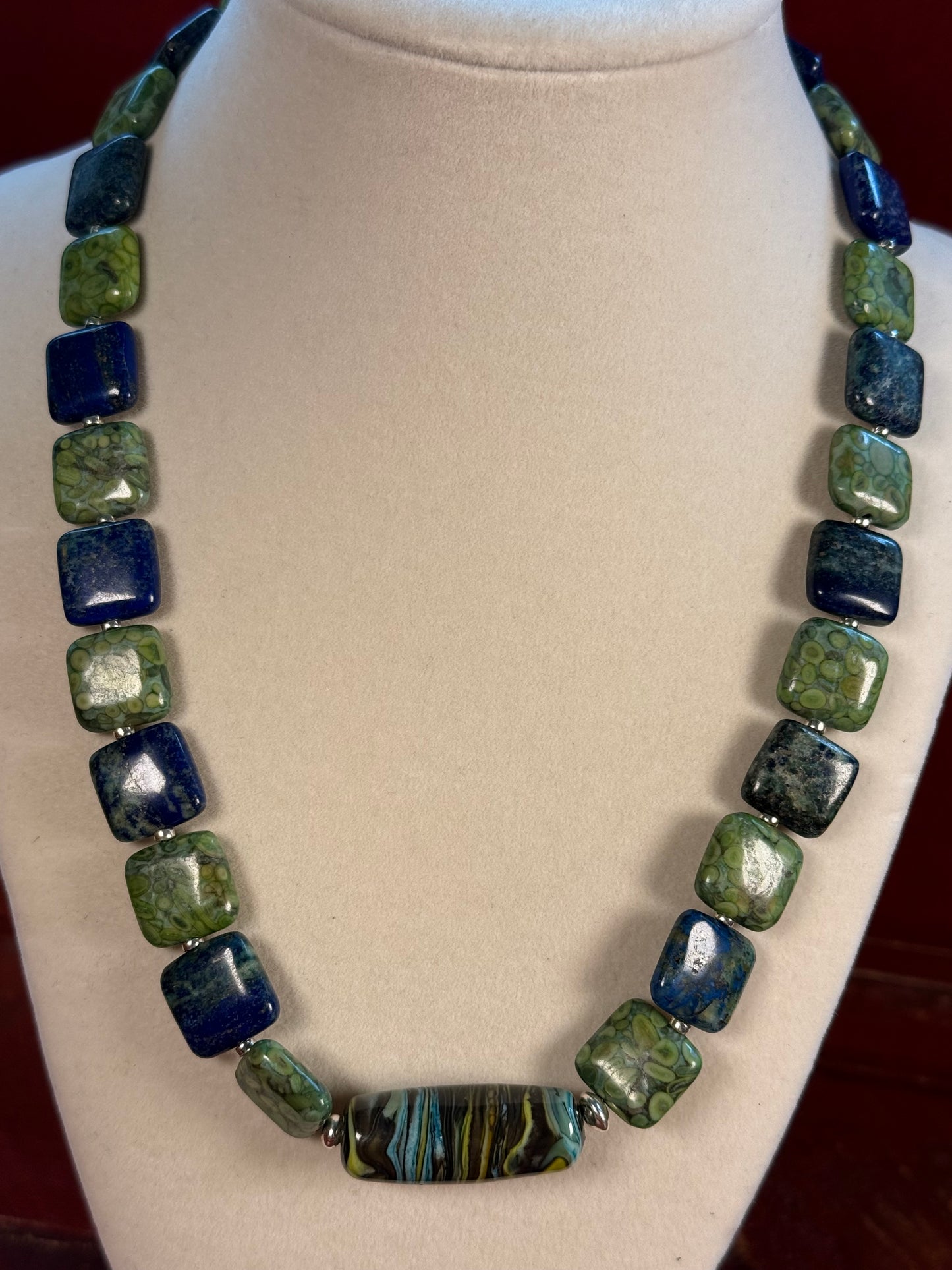 #163-Chrysocolla, Fossil Stone, Miyuki Silver Beads with SS Infinity Clasp