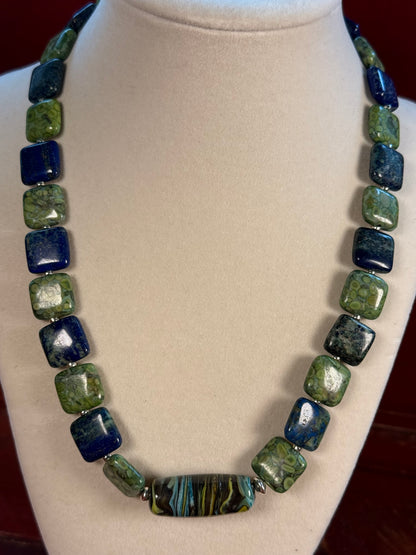 #163-Chrysocolla, Fossil Stone, Miyuki Silver Beads with SS Infinity Clasp