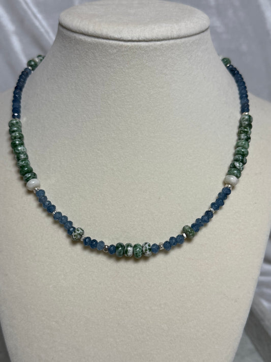 #135-Moss Agate, Dyed Jade, SS Clasp, Findings & extender Chain