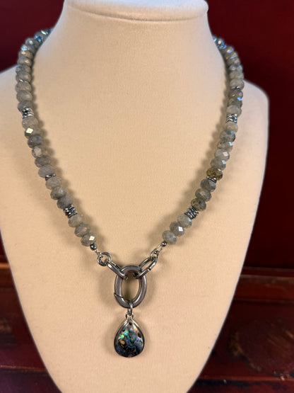 #160-Labradorite, Hematite, and Abalone Charm with S Steel Clasp