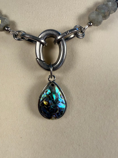 #160-Labradorite, Hematite, and Abalone Charm with S Steel Clasp