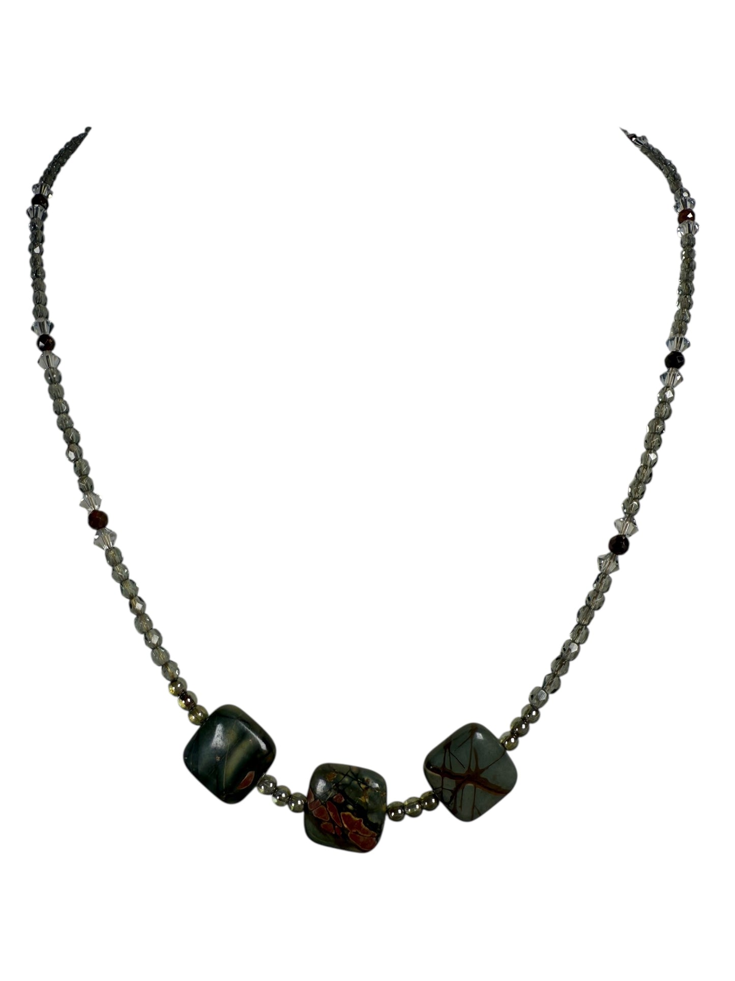 #146-Jasper, Australian Crystal, and Hessonite Garnet Necklace with SS Findings