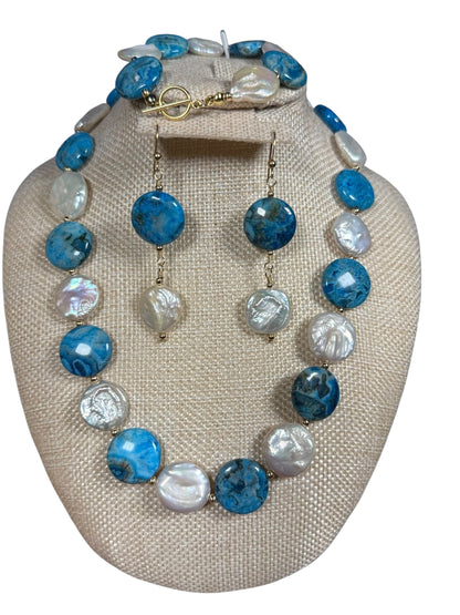 #150c-Crazy Lady Agate & Coin Pearl Bracelet GF