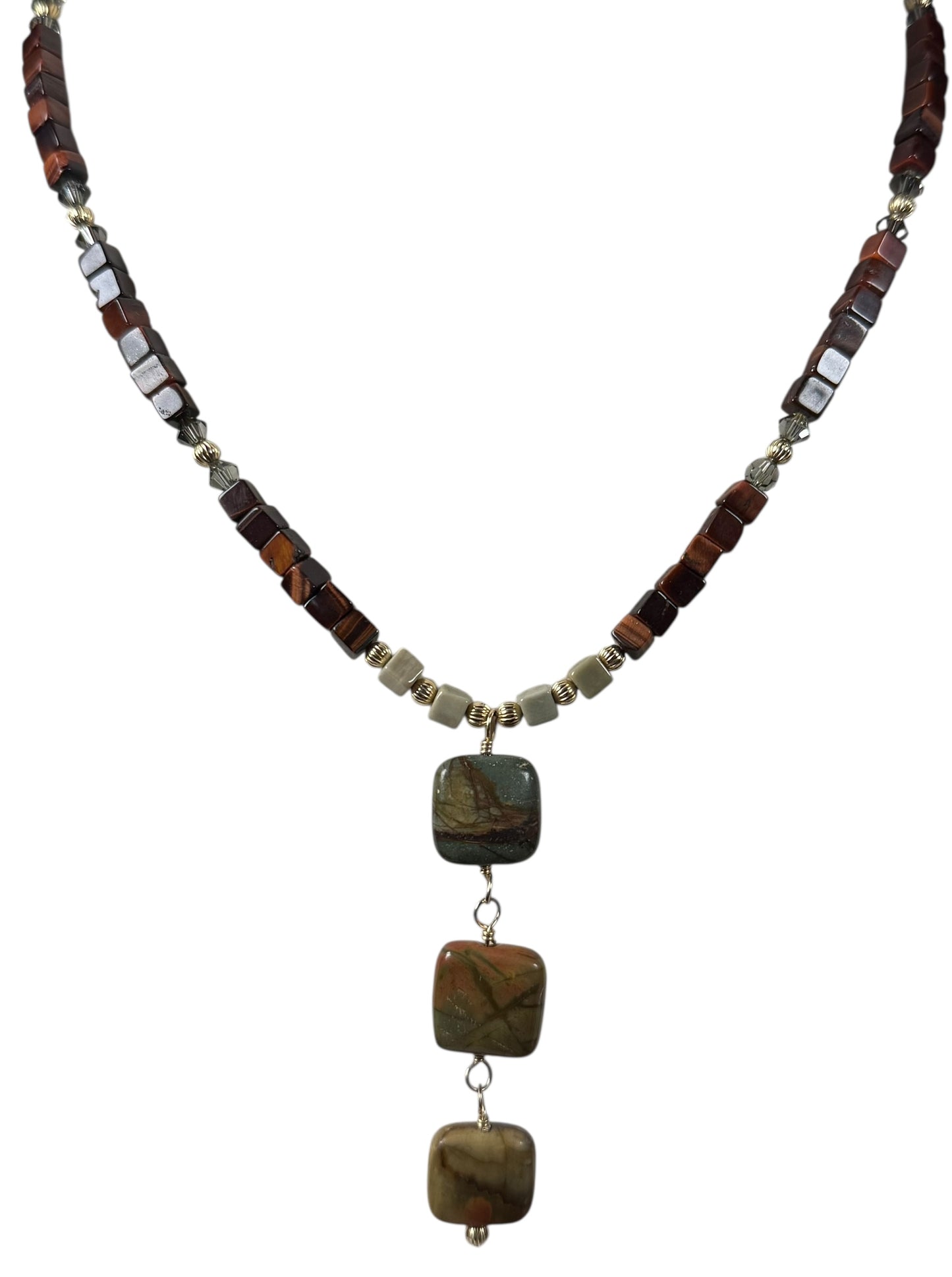 #155-Silver Leaf Jasper, Red Tiger’s Eye with GF Findings