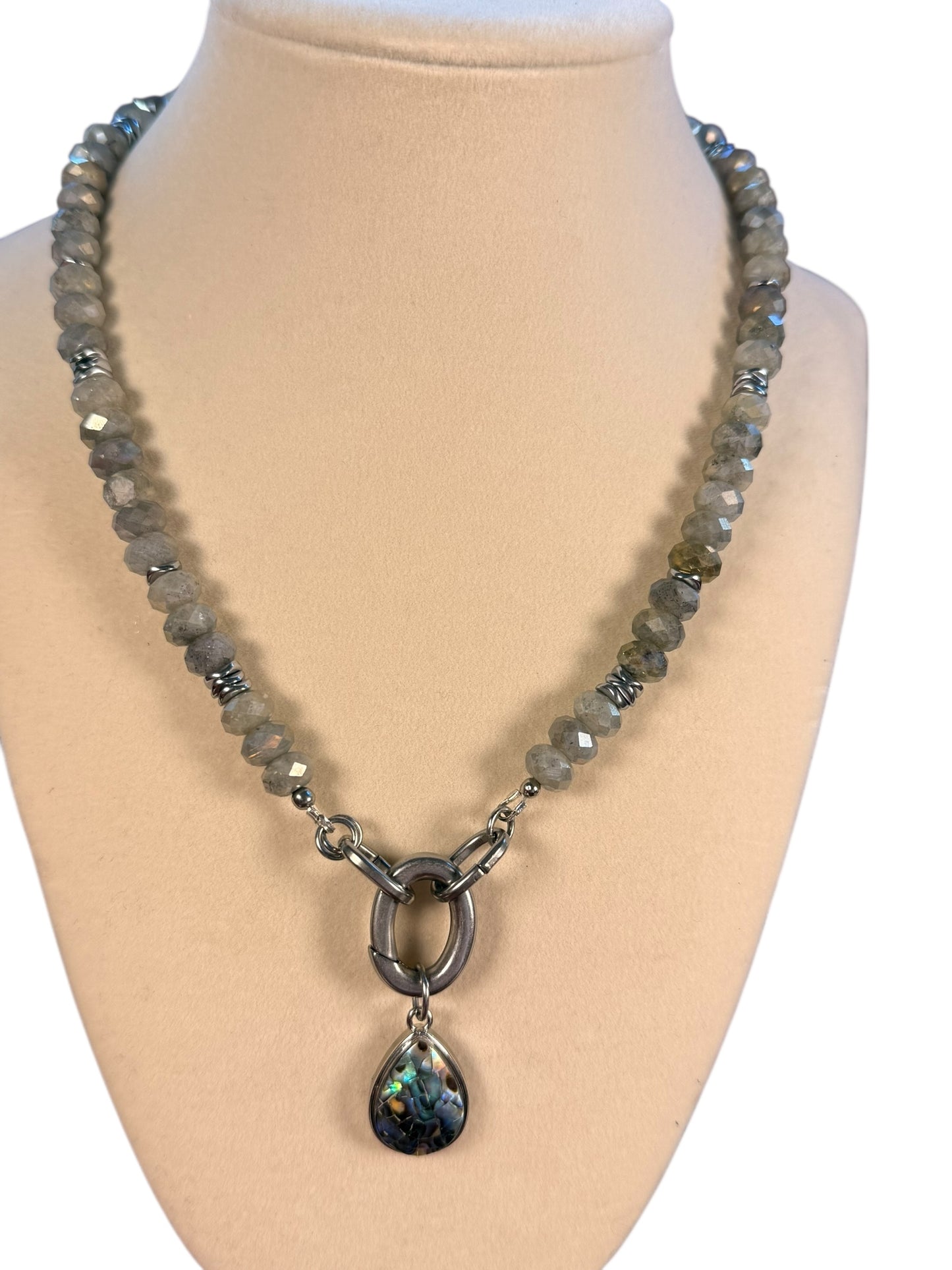 #160-Labradorite, Hematite, and Abalone Charm with S Steel Clasp