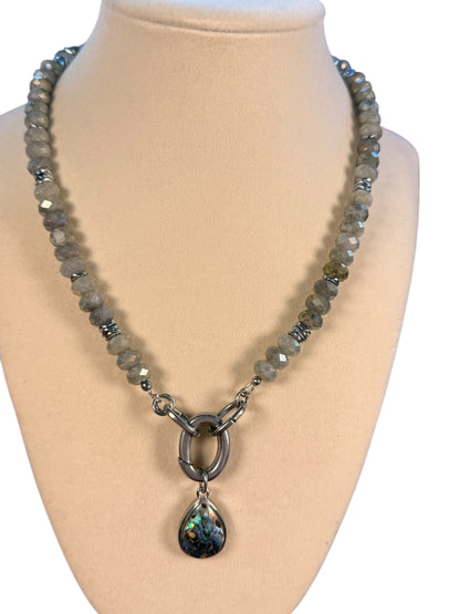 #160-Labradorite, Hematite, and Abalone Charm with S Steel Clasp