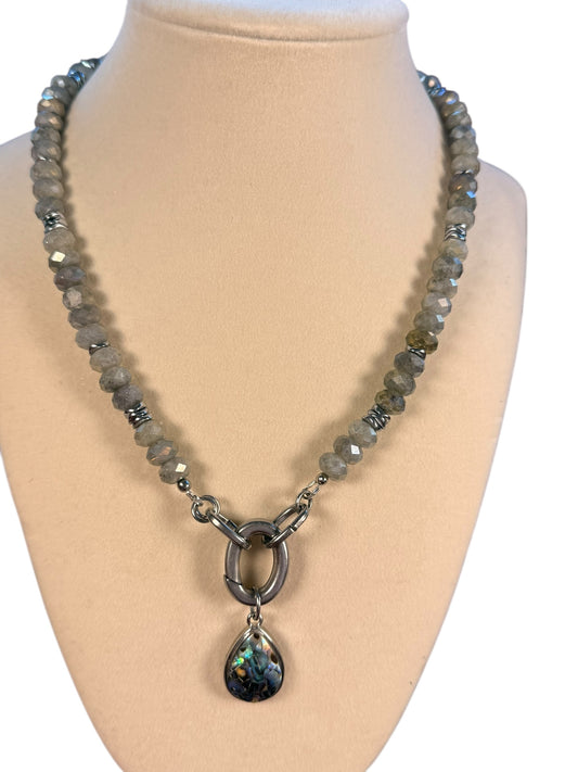 #160-Labradorite, Hematite, and Abalone Charm with S Steel Clasp