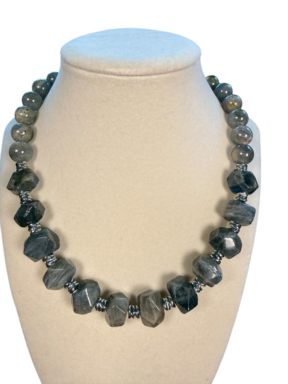 #161-Labradorite with Hematite Wavy Spacer Beads & SS Clasp