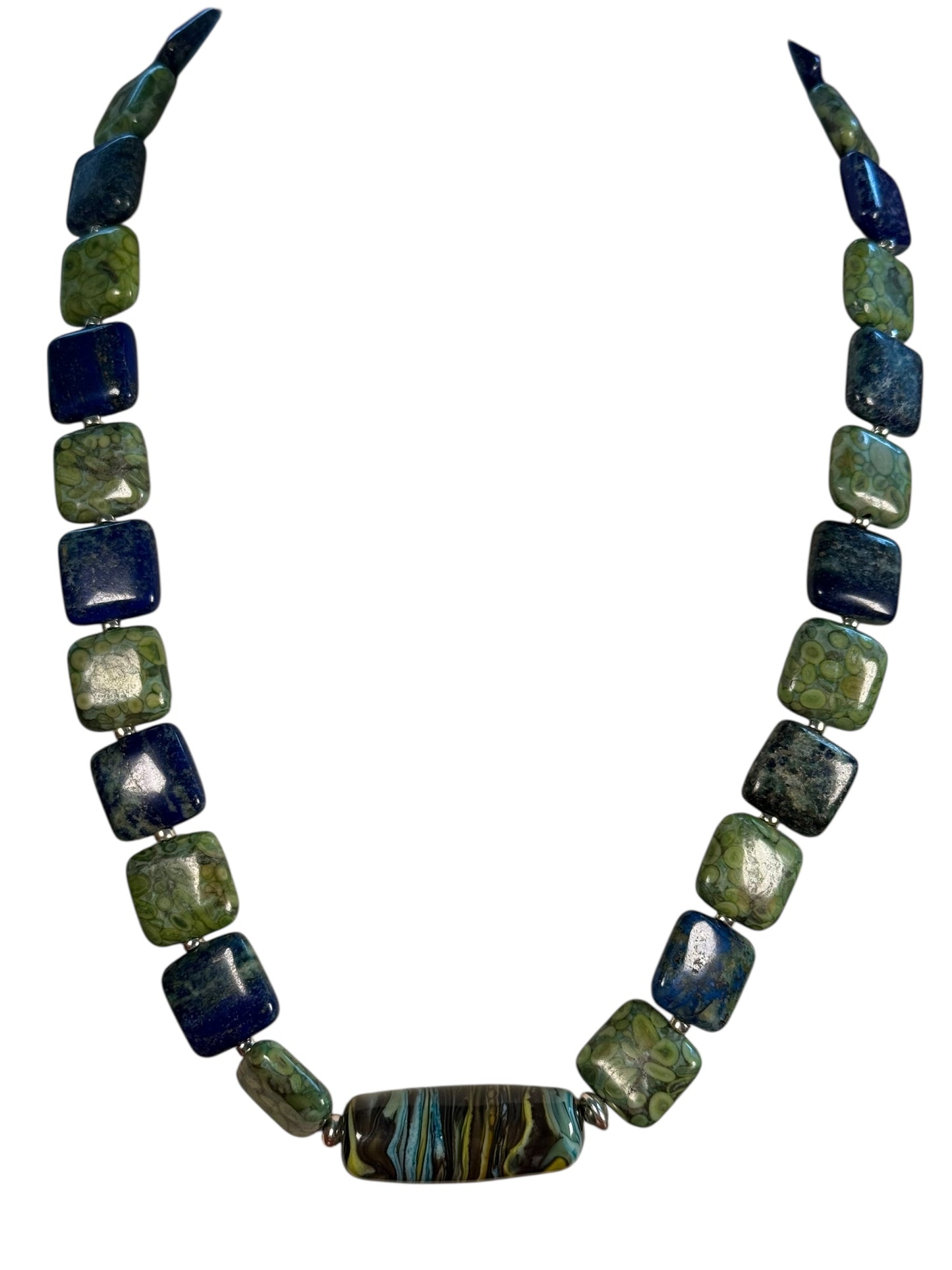 #163-Chrysocolla, Fossil Stone, Miyuki Silver Beads with SS Infinity Clasp