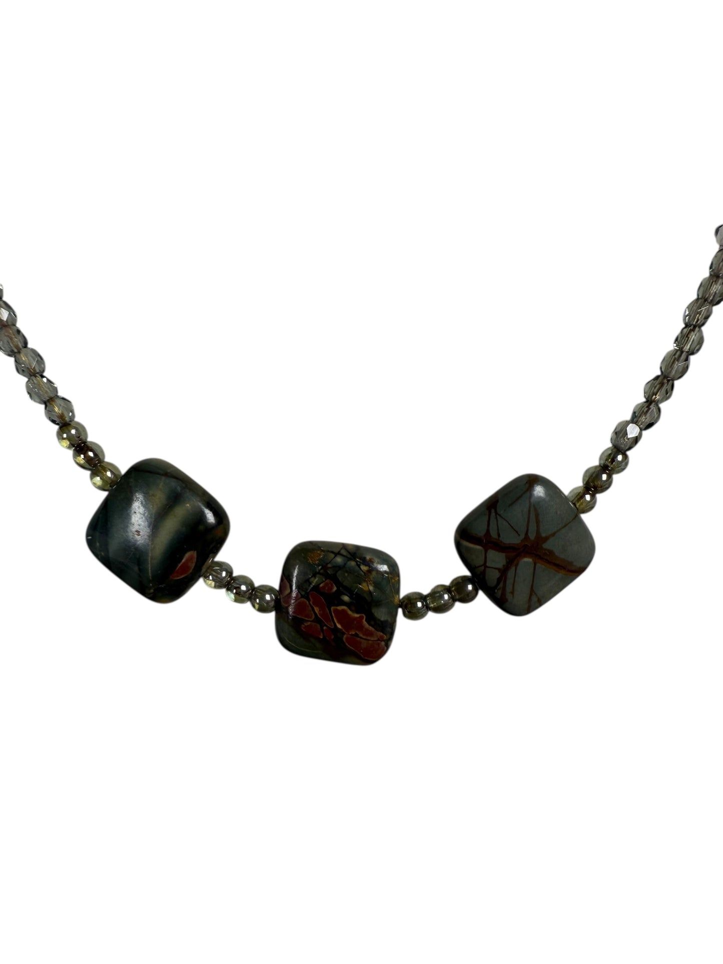 #146-Jasper, Australian Crystal, and Hessonite Garnet Necklace with SS Findings