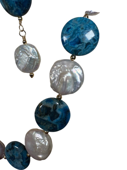 #150-Crazy Lady Agate & Coin Pearls Necklace with GF Beads & Findings