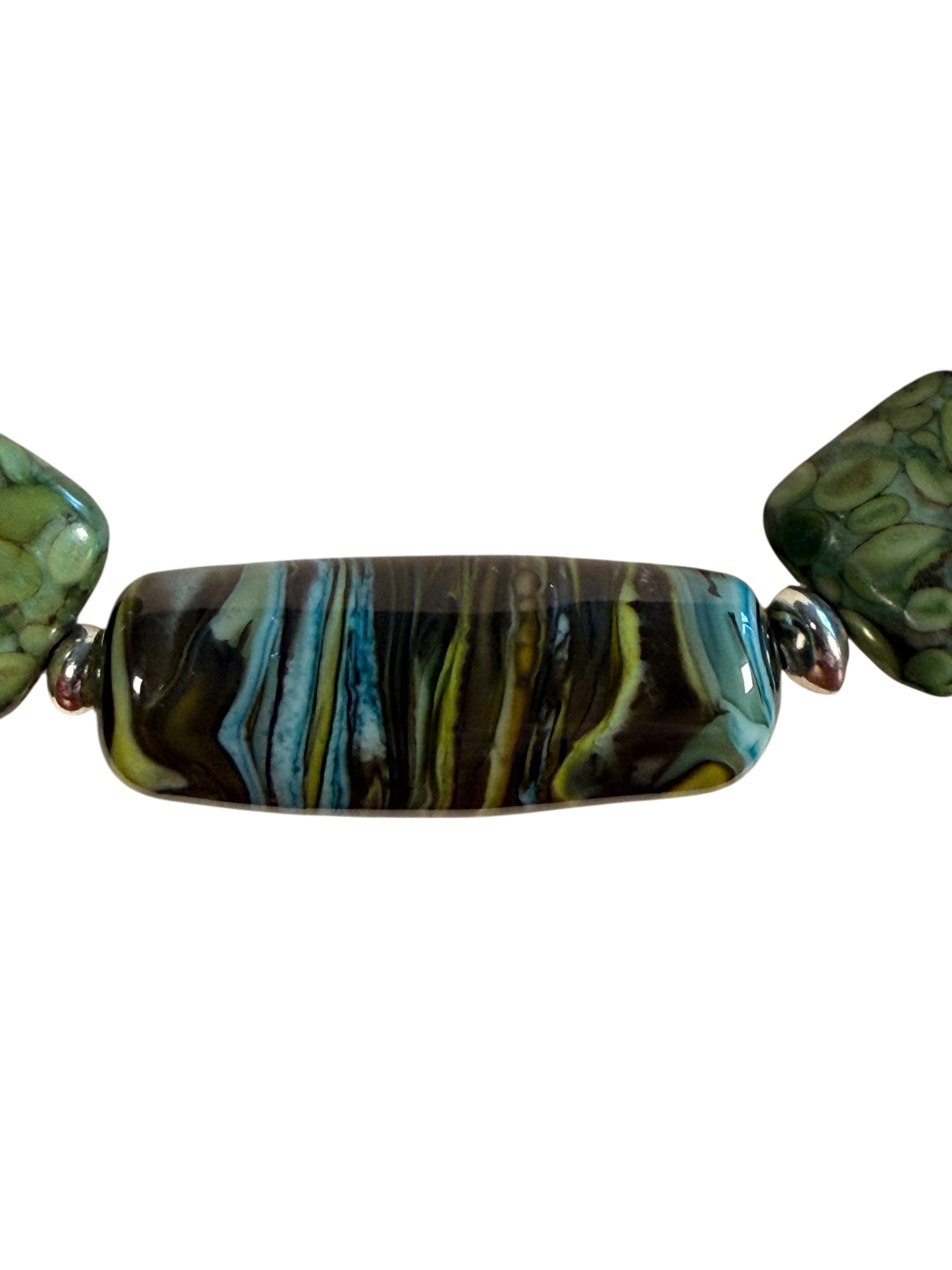 #163-Chrysocolla, Fossil Stone, Miyuki Silver Beads with SS Infinity Clasp