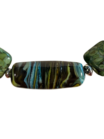 #163-Chrysocolla, Fossil Stone, Miyuki Silver Beads with SS Infinity Clasp