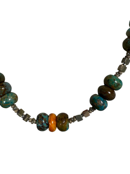 #143-Turquoise & Spiny Oyster Necklace with Jasper & SS Clasp & Findings