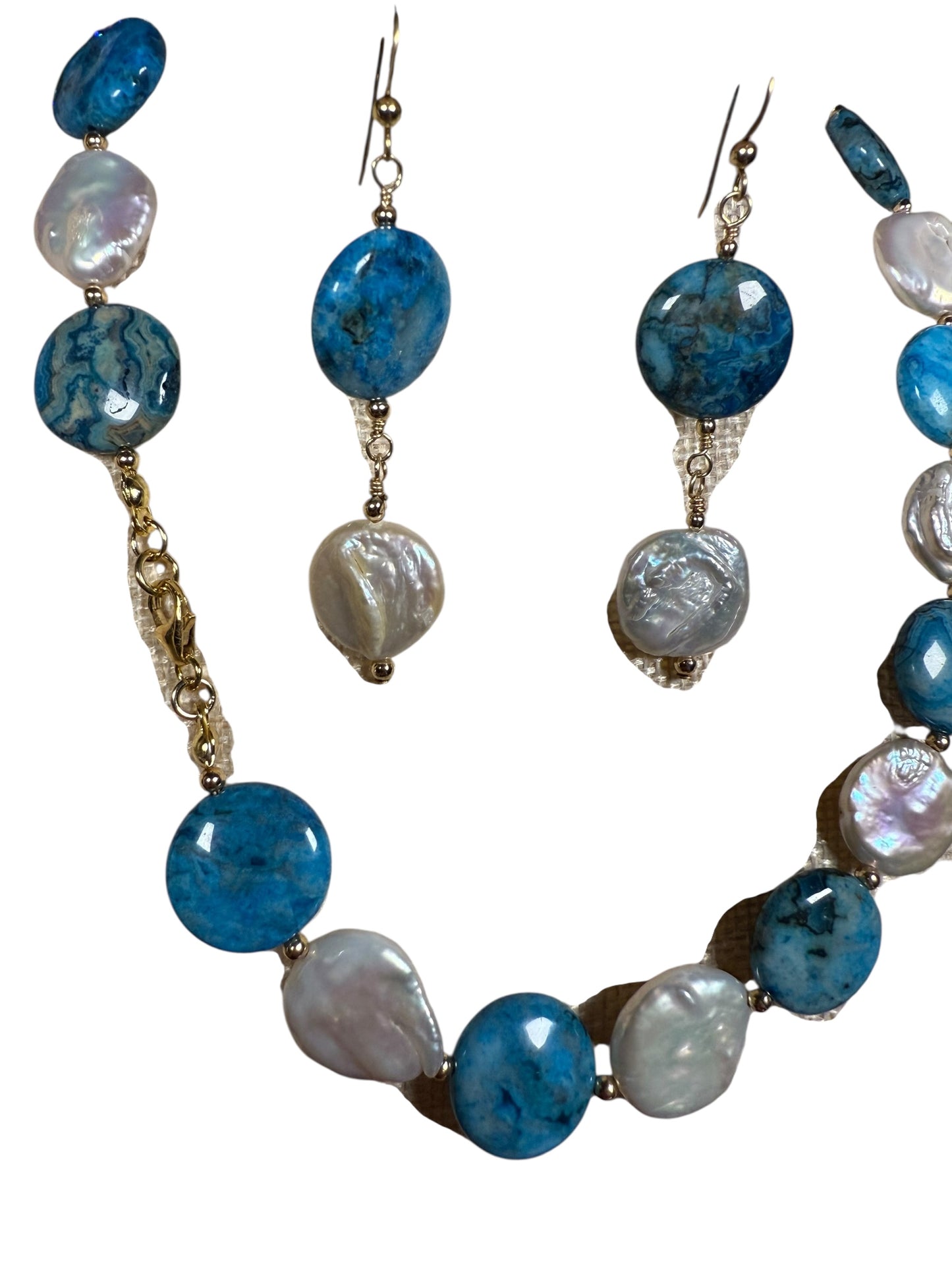 #150-Crazy Lady Agate & Coin Pearls Necklace with GF Beads & Findings