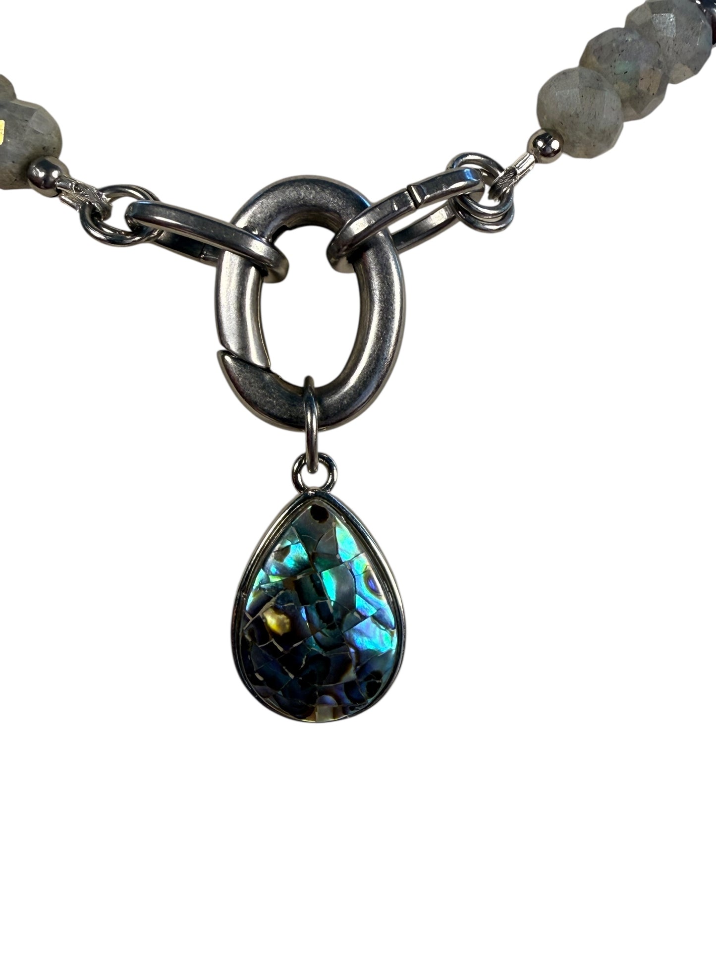 #160-Labradorite, Hematite, and Abalone Charm with S Steel Clasp