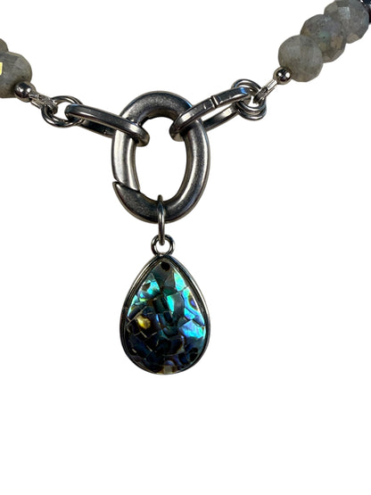 #160-Labradorite, Hematite, and Abalone Charm with S Steel Clasp