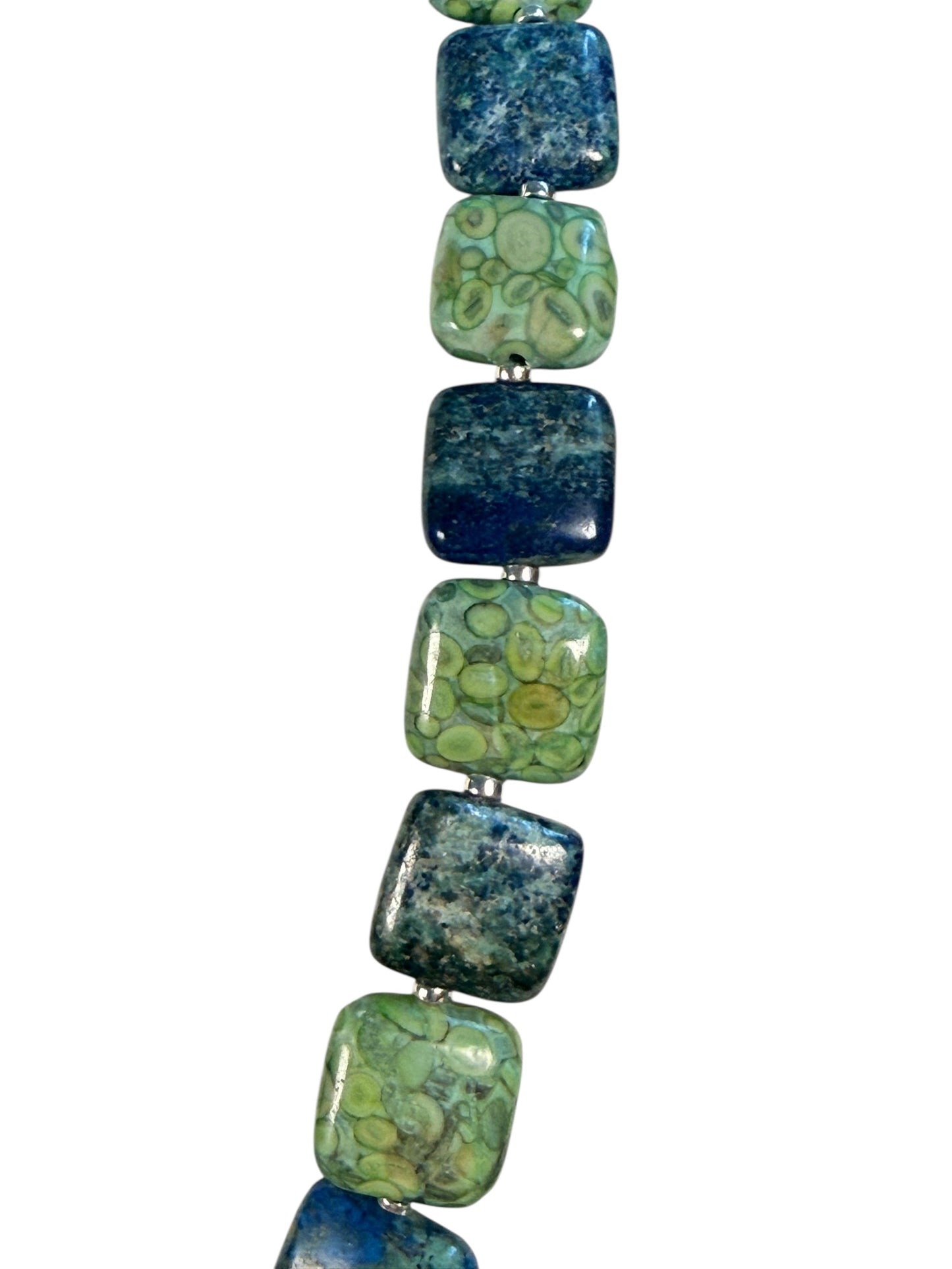 #163-Chrysocolla, Fossil Stone, Miyuki Silver Beads with SS Infinity Clasp