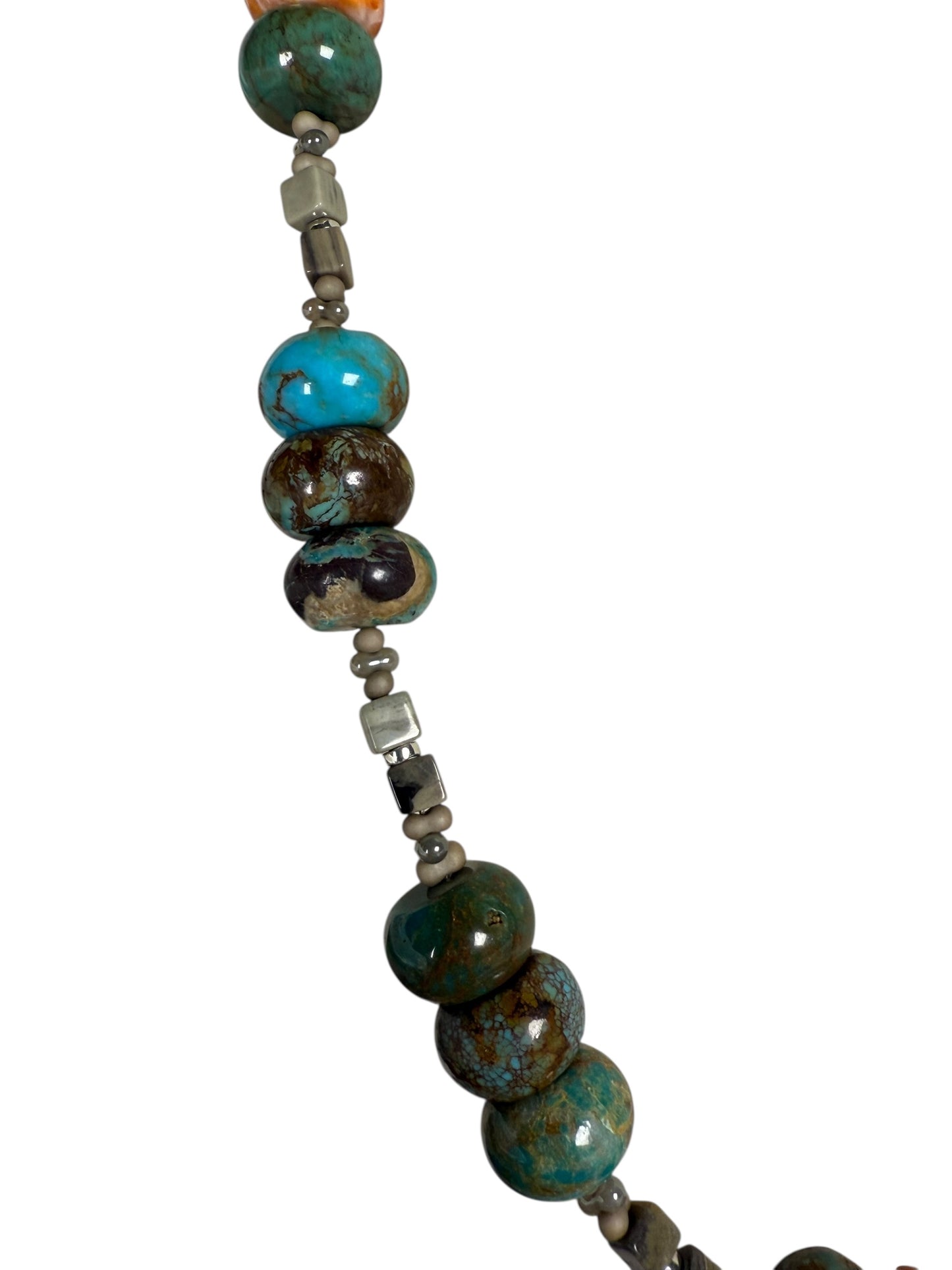 #143-Turquoise & Spiny Oyster Necklace with Jasper & SS Clasp & Findings